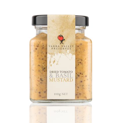 picture of a dried tomato and basil mustard labelled jar