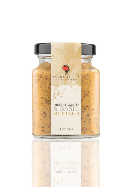 picture of a dried tomato and basil mustard labelled jar