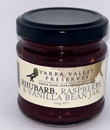 picture of a jar of rhubarb raspberry & vanilla bean jam 110g