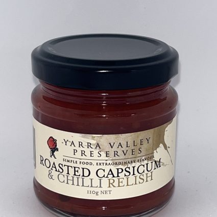 a picture of a jar of yarra valley preserves roasted capsicum & Chilli relish 110g